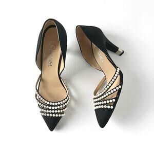 Chanel CC Pearl Embellished Grosgrain Black Pointed Toe D’Orsay Pumps 38.5